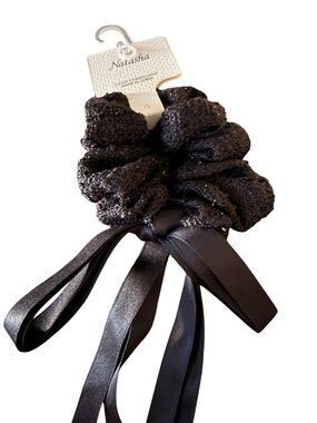 Natasha Couture Black Ruffled Scrunchie with Satin Ribbon Tails